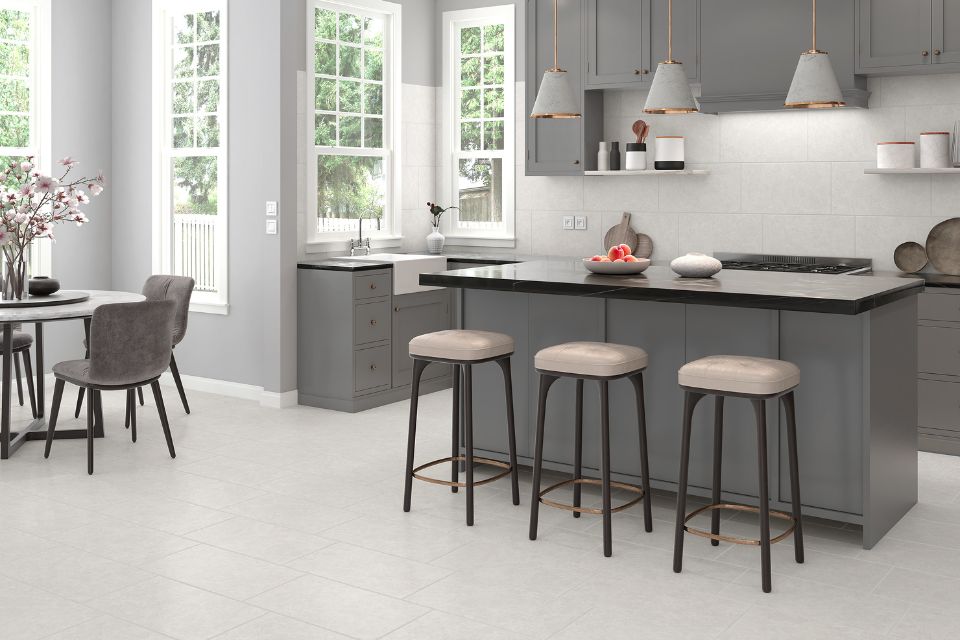 tile floor in modern farmhouse style kitchen with grey accents